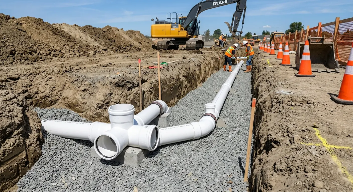 New PVC sewer pipe installation in open trench for Sewer Backup in Billings