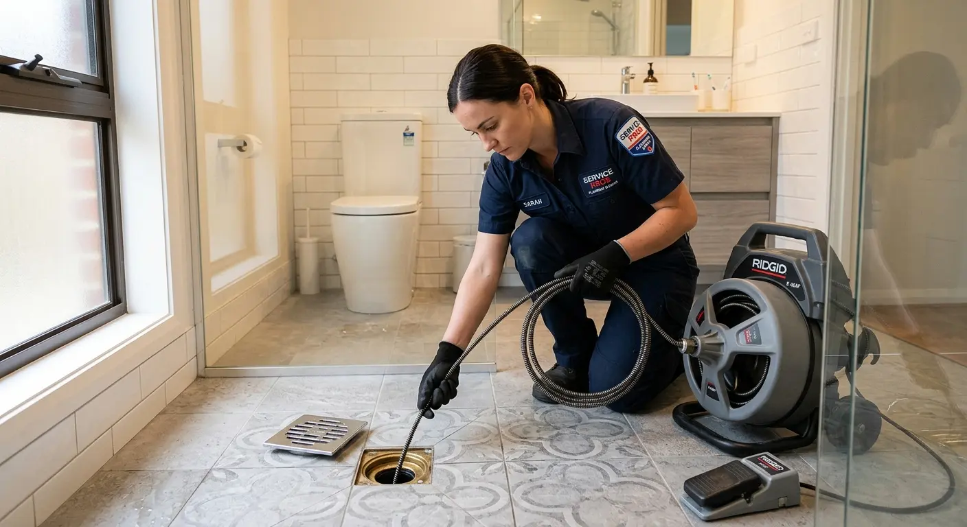 Technician clearing a bathroom floor drain for Sewer Line Replacement in Billings